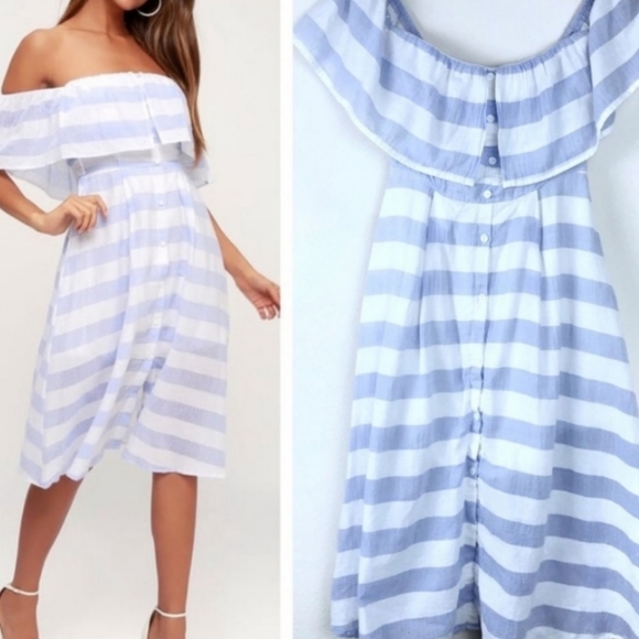 Lulu's Blue & White Striped Off The Shouler Midi - Picture 13 of 16